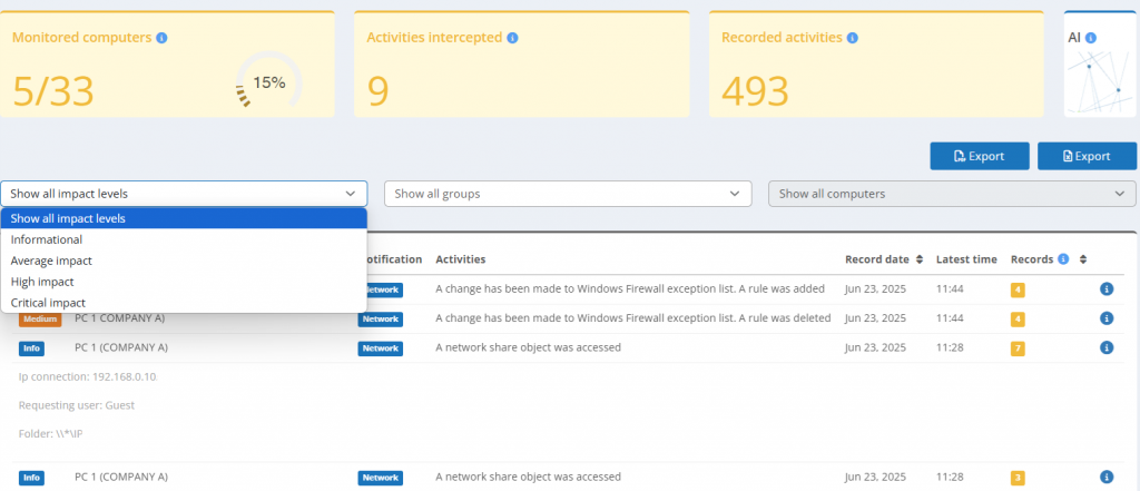 Screenshot eines Bereichs der Web Console, der ein detailliertes Aktivitätsprotokoll anzeigt. Das Protokoll listet chronologische Ereignisse im Zusammenhang mit der Aktivität des Betriebssystems auf, wobei bestimmte Einträge hervorgehoben werden, um auf ein anormales oder ungewöhnliches Verhalten hinzuweisen, das vom System erkannt wurde. 