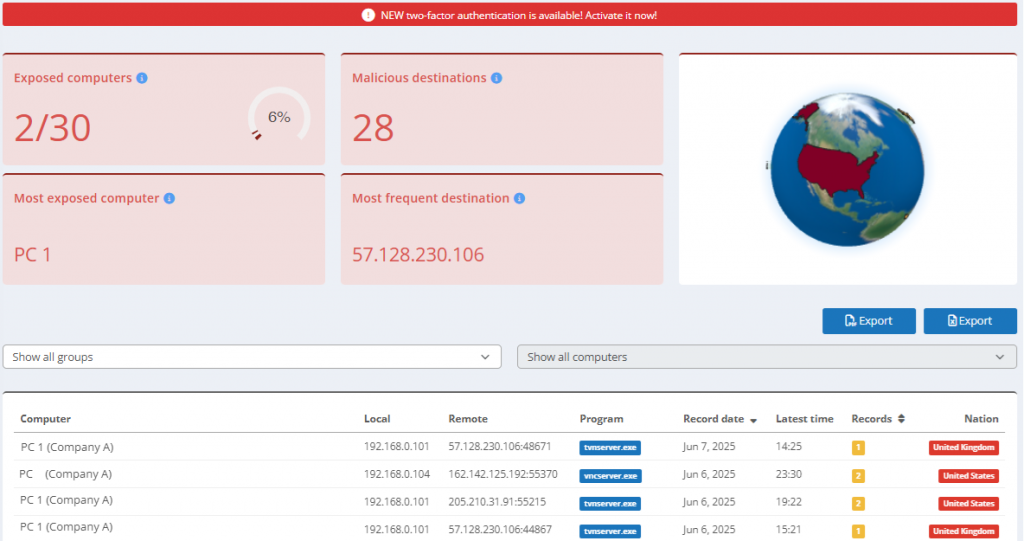Screenshot einer Web Console, die auf bösartige Aktivitäten ausgerichtet ist. Der Bildschirm zeigt wahrscheinlich Warnungen oder eine Liste von Verbindungen an, die mit bekannten bösartigen IP-Adressen verbunden sind, und nutzt Threat Intelligence Feeds, um die Überwachung zu verbessern und potenzielle externe Bedrohungen hervorzuheben. 