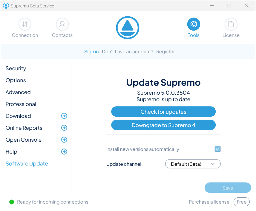 Pantalla de actualización de Supremo 5 Beta con opción de bajar a la versión 4