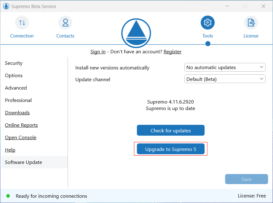 Pantalla de actualización de Supremo 4 con opción de actualizar a la versión 5 Beta