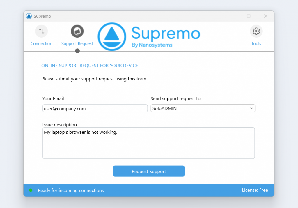 Helpdesk ticket submission form in support service management software for IT support teams