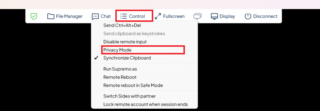 Screenshot showing how to activate Privacy Mode from the Control menu during a Supremo remote desktop session.