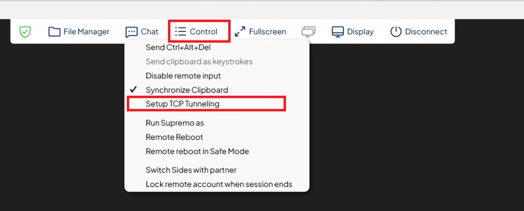 Menu Contrôle de Supremo affichant l'option Configurer le TCP Tunneling pendant une session à distance