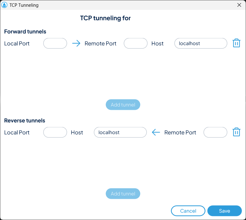 Fenêtre de configuration du TCP Tunneling affichant les paramètres des tunnels Forward et Reverse