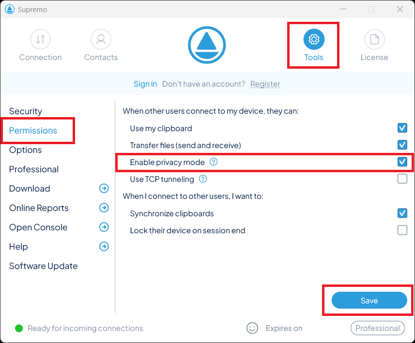 Screenshot showing the Supremo settings with the "Allow Privacy Mode on incoming connections" option enabled.