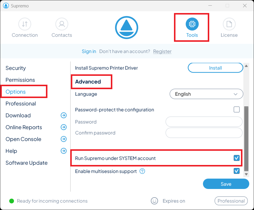 Supremo option to run the software under the SYSTEM account